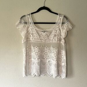 New! Blue Tassel White Lace Crop Top. size Medium.